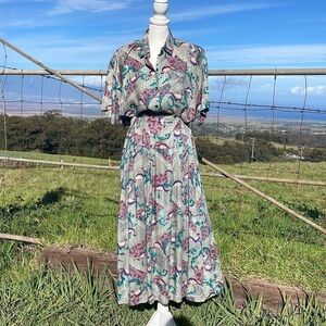 𝅺vtg 80’s Blouse Skirt heritage Pheasant Print Set